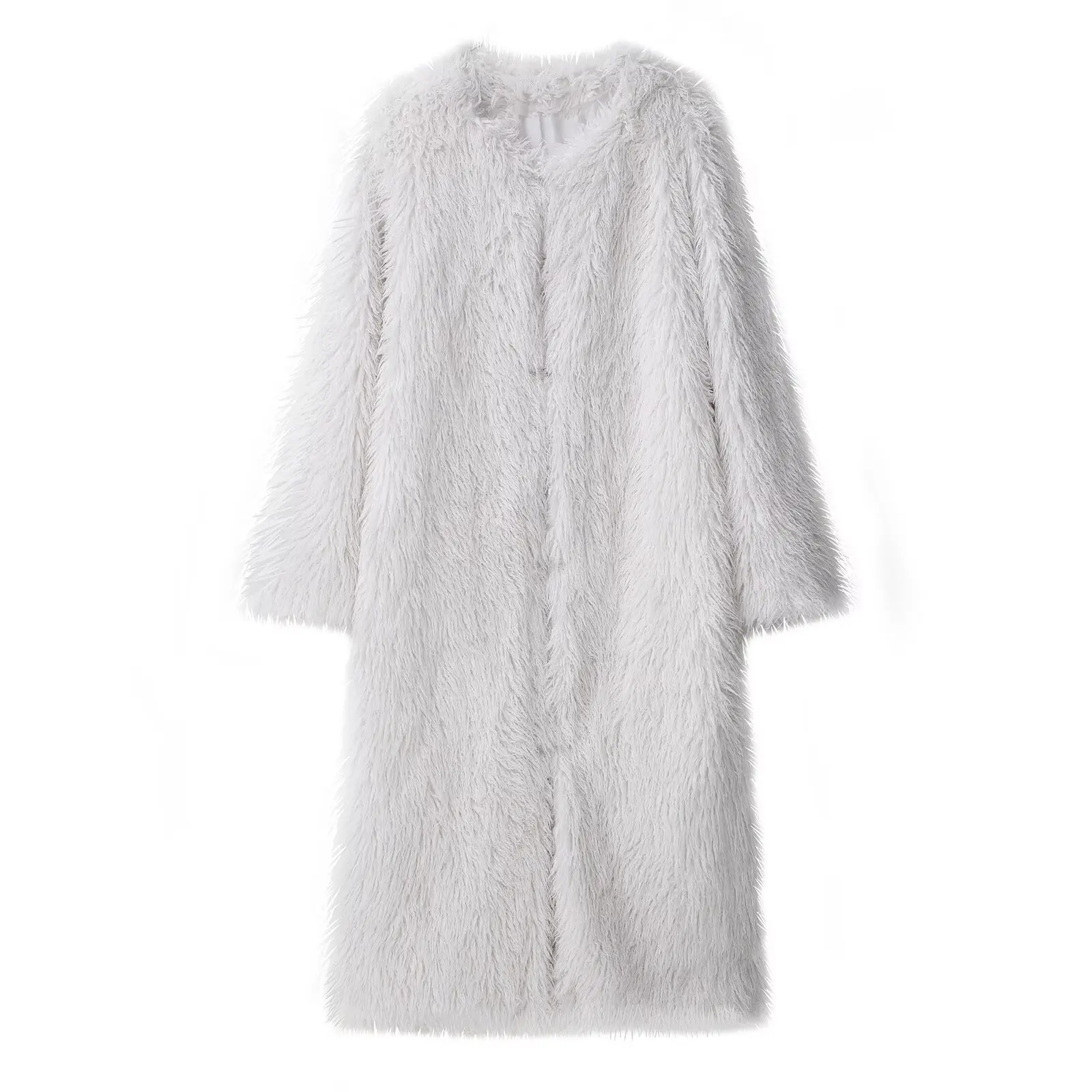 

Elegant Auutmn Women Integrated Fur Jacket White Round Neck Spliced Pocket Long Outwear For Female Slouchy-Style Plush Lady Coat