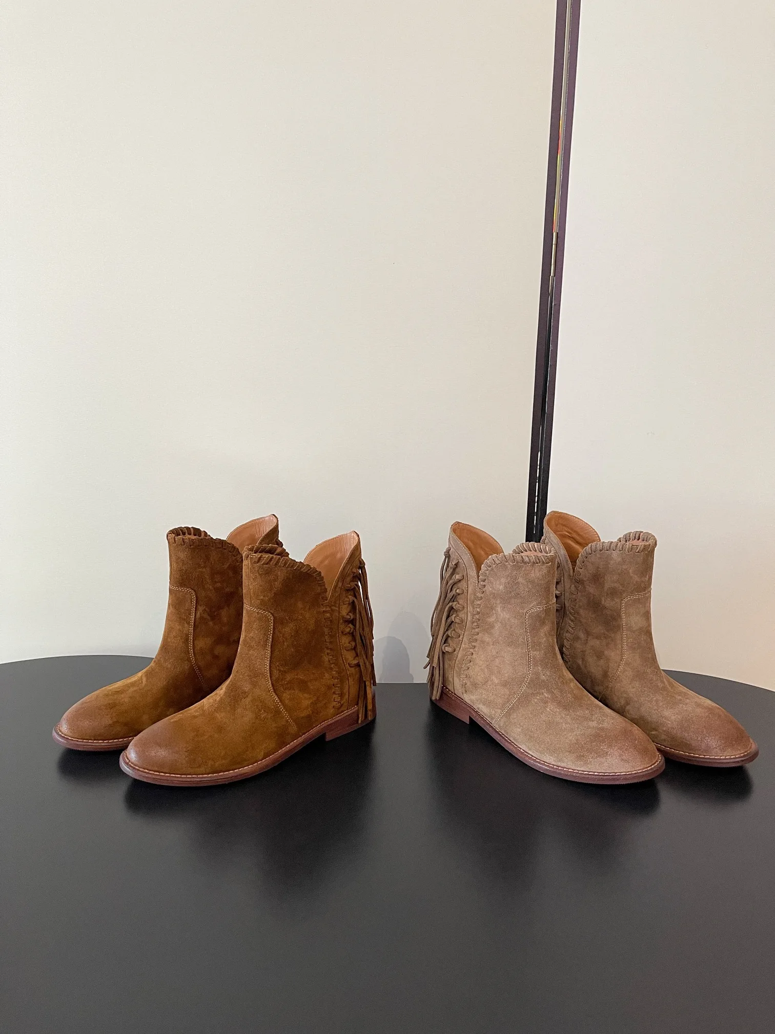 

2025 Winter autumn suede leather ankle short boots tassel washed vintage Chelsea pleated handmade shoes boots booties