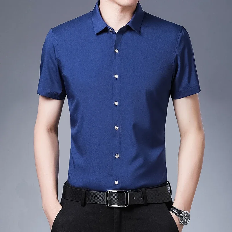 Men\'s Business Casual Solid Color Short Sleeved Shirt Non Ironing Comfortable Top