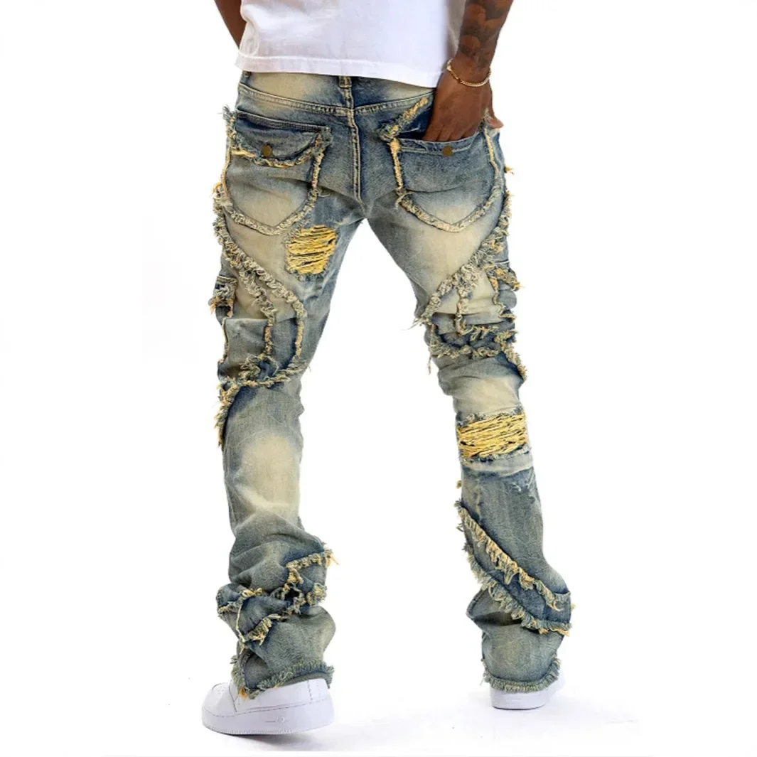 Four Seasons ผู้ชายสไตล์อเมริกัน Casual Street หลวม Bootcut กางเกงยีนส์กางเกงอินเทรนด์ขากว้าง Patched DENIM กางเกงชาย