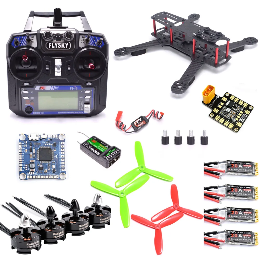 Flysky I6 Radio Mini ZMR250 QAV250 250mm Carbon Fiber Frame 2204 2300KV Motor 20A BLHeli_S ESC W/ LED F4 V3S Flight Control Kit