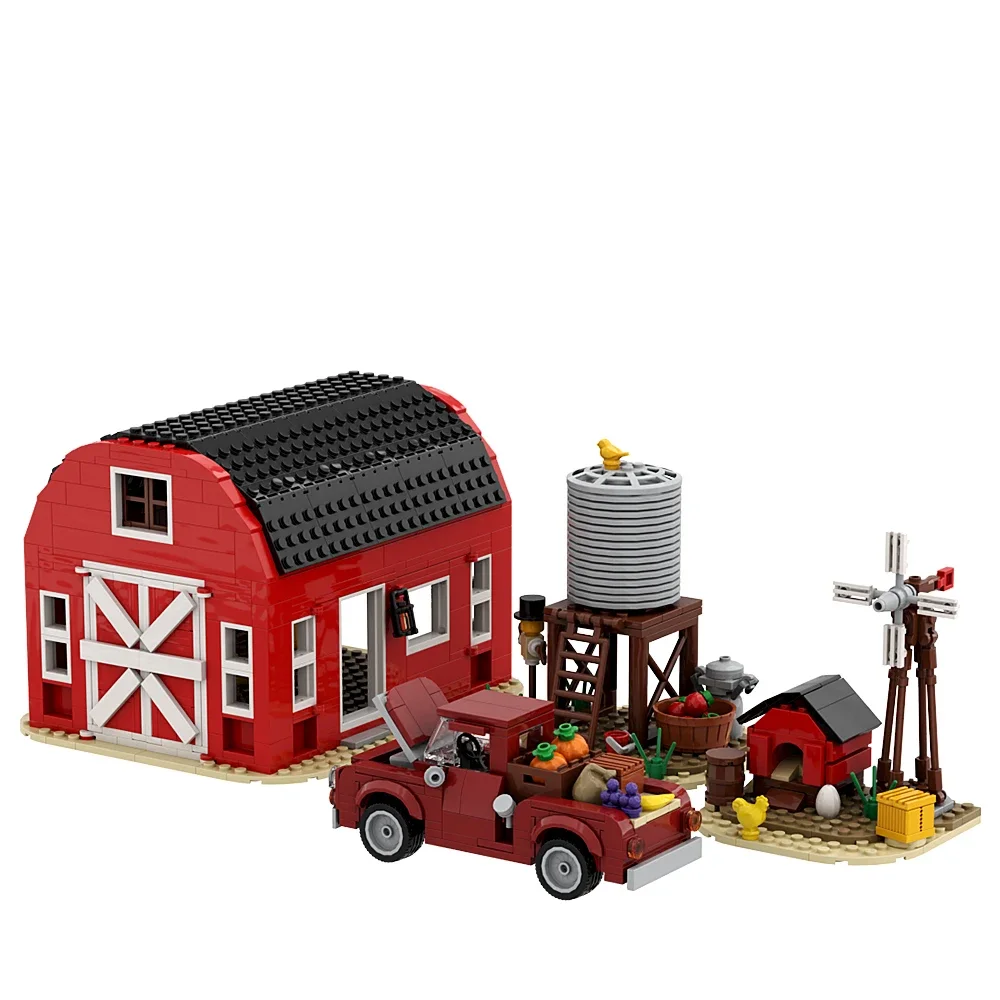 MOC Red Farm Architecture Windmill Farm House Building Blocks Medieval Animal Homeland Farm Cabin Garden Car Bricks Kids Toys