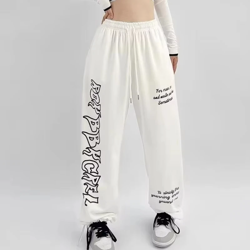 2026 New Style Women Casual Sweatpants Multi‑Position White Graffiti Letter Print Loose Hip Hop Streetwear Black Joggers kids