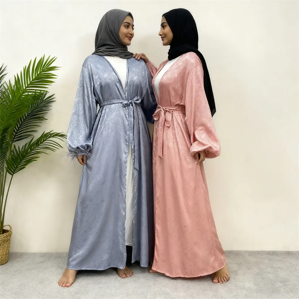 

Атласное кимоно Абая Дубай Турция с пышными рукавами Открытая Абая для женщин Обычный принт Мусульманское платье-хиджаб Ислам Скромные наряды Кафтан Халат