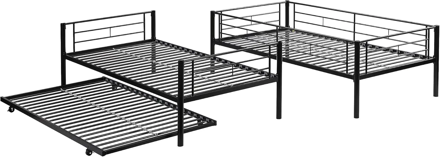 with Trundle,Twin Metal Bed Frame with 2 Ladder and Guardrails&Convertible Bunkbeds for Boys/Girls,Space Saving Design,No Spring