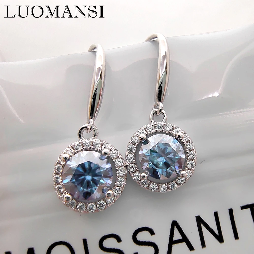 Luomansi Classic S925 Silver Earrings Women 1CT Yellow Blue Green Pink Moissanite Pass Diamond Test Jewelry Wedding Party Gift