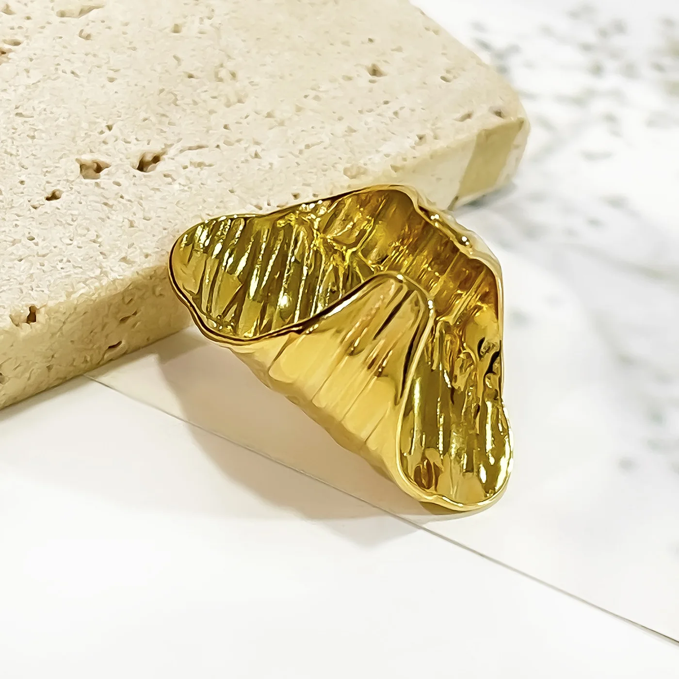 Gold Color Irregular Metal Wide Opening Ring For Women Girls Exaggerated Stainless Steel Finger Vintage Jewelry Waterproof Gifts