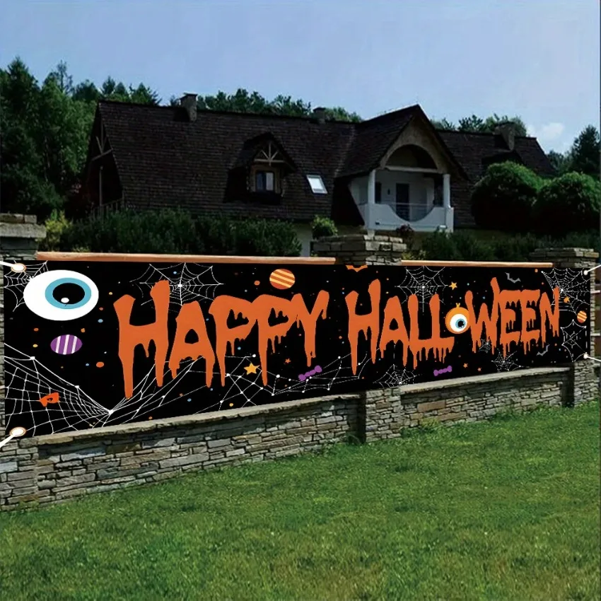 Large Halloween Banner 70.8x15.7 Inch Black Polyester Flag with Bats Spider Web Pumpkin Design Outdoor Fence Yard Party Decor