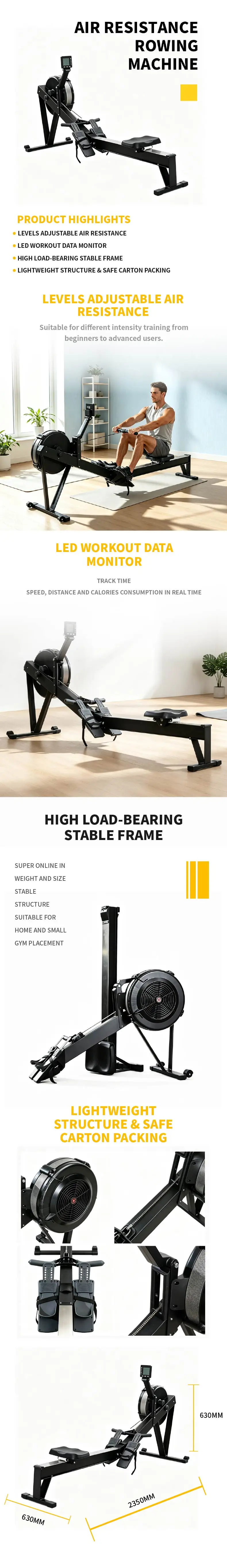 Steel Indoor Air Resistance Rowing  Folding Machine 10 Levels Adjustable Resistance LED Display Whole Body Cardio Home Fitness