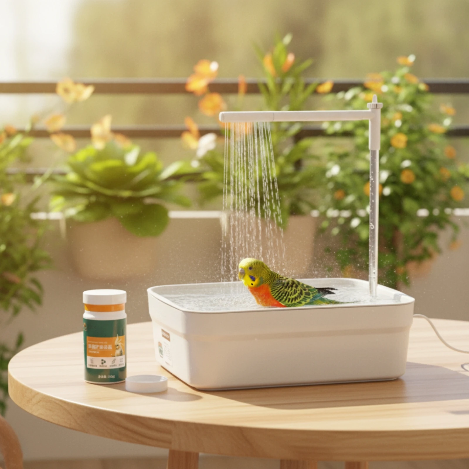 Bird Bath with Shower Plastic Bird Bath with Running Water Bathing Tray Easy to Clean Pet Supply Non for Parrots, Tabletop