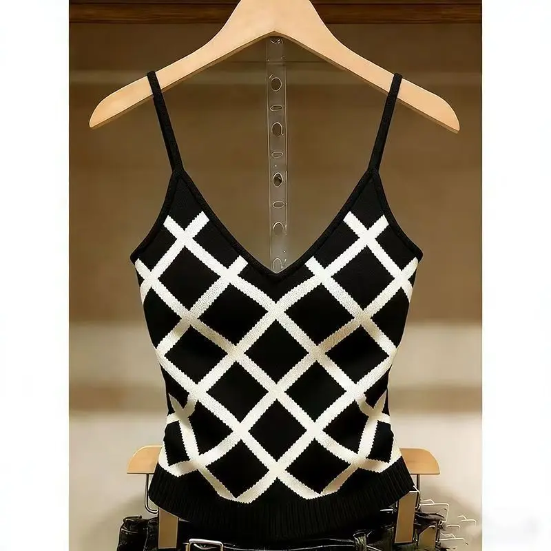Summer New Sleeveless Slim Plaid All-match High Street Top Off Shoulder Sexy T Shirt Tops Fashion Elegant Women Clothing