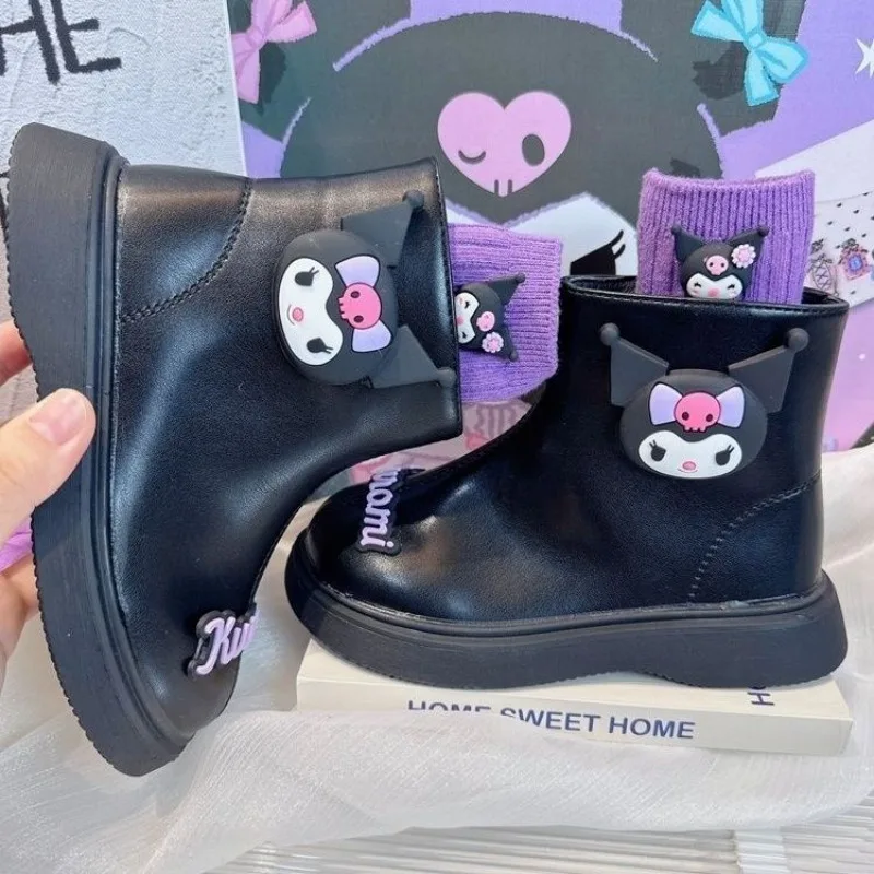 

Kawaii Kuromi Sanrio Student Cute Cartoon Comfortable Warm Short Boots Student Waterproof Anti Slip Leather Boots Gift for Kids