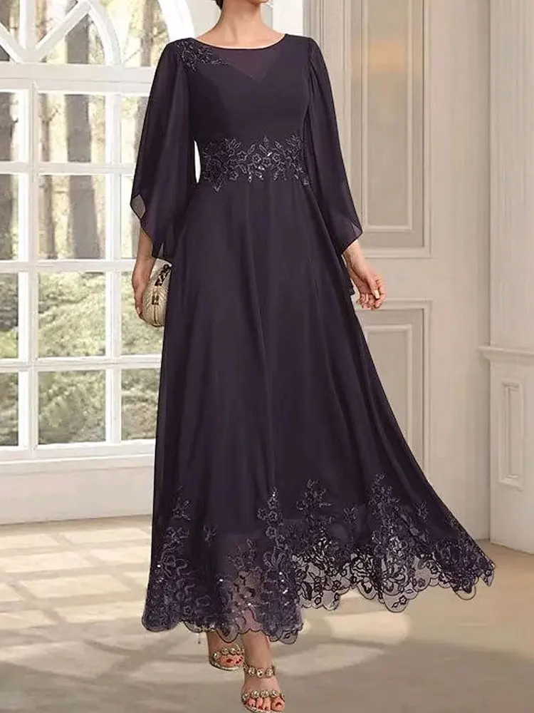 

A-Line Evening Gown Wedding Guest Ankle Length 3/4 Sleeves Jewel Neck Chiffon with Ruched Sequin Appliques Dress 2024 Customized