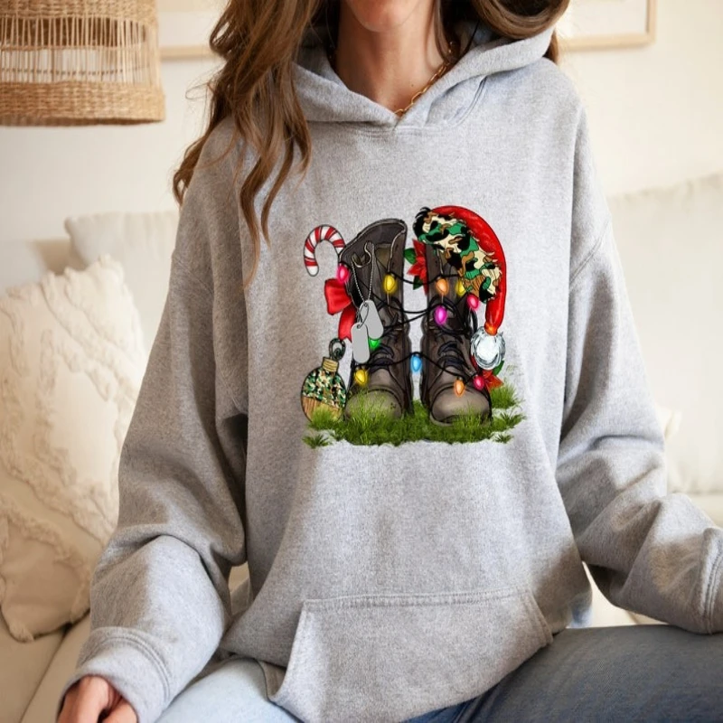 

Толстовка с рождественскими сапогами ветерана: армейские праздничные огни, осенние и зимние одинаковые толстовки с длинными рукавами, сохраняющие тепло, толстовки для взрослых