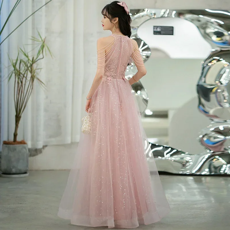 Pink Halter Collar Evening Dress Female Fairy Skirt Explosion Style Temperament High-End Sense Banquet Bridesmaid Dresses