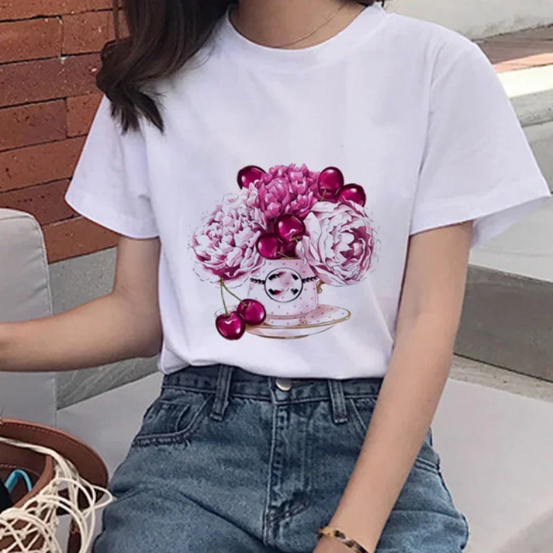 Crewneck T Shirt Flower Perfume Print Women's Large Size Short Sleeve T Shirt Fashion Leggings Elegant Girl  Aesthetic Clothes