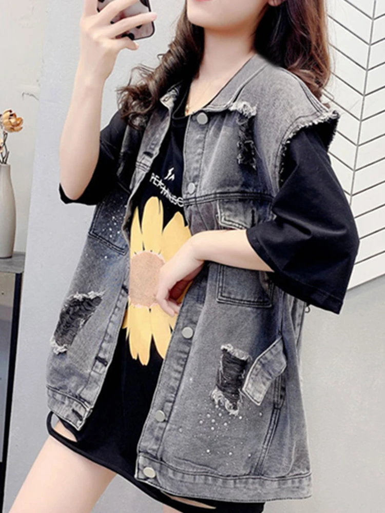 Camiseta sin mangas vaquera de verano para mujer Svel ort Sle mezcla de algodón y poliéster prendas de vestir exteriores Casual Street Sle con kets