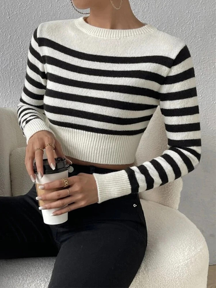 2023 Autumn Winter Women Striped Basic Sweaters Korean Knitted Crop Tops Bodycon Slim Long Sleeve Pullover O-neck Jumper Female