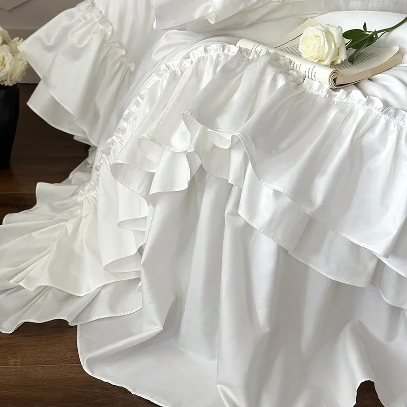 4Pcs White French Princess Double Laye Ruffles 1000TC Egyptian Cotton Bedding Set Duvet Cover Set Bedskirt Bedspread Pillowcase