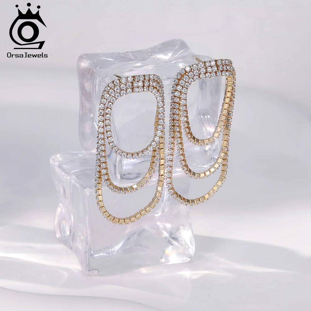 ORSA JEWELS 925 Sterling Silver Trendy Layered Zirconia Statement Drop Earrings Shiny CZ Crystal Dangle Earrings Jewelry SE413