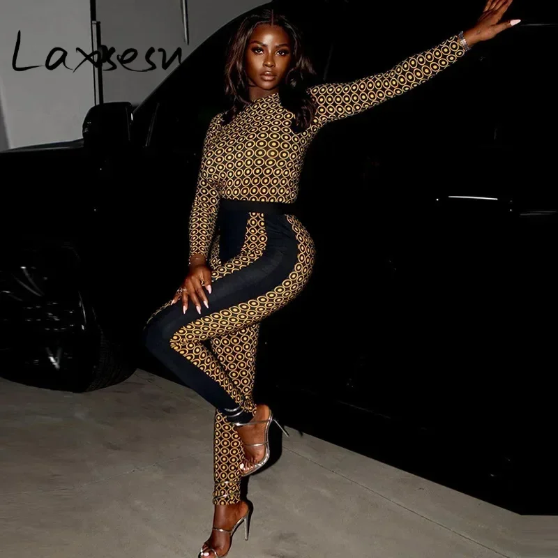 Laxsesu Dot Printed Two Piece Sets Fitness Outfits Women Long Sleeve Bodysuit + Skinny Long Trousers Pants Suit Running Clothes