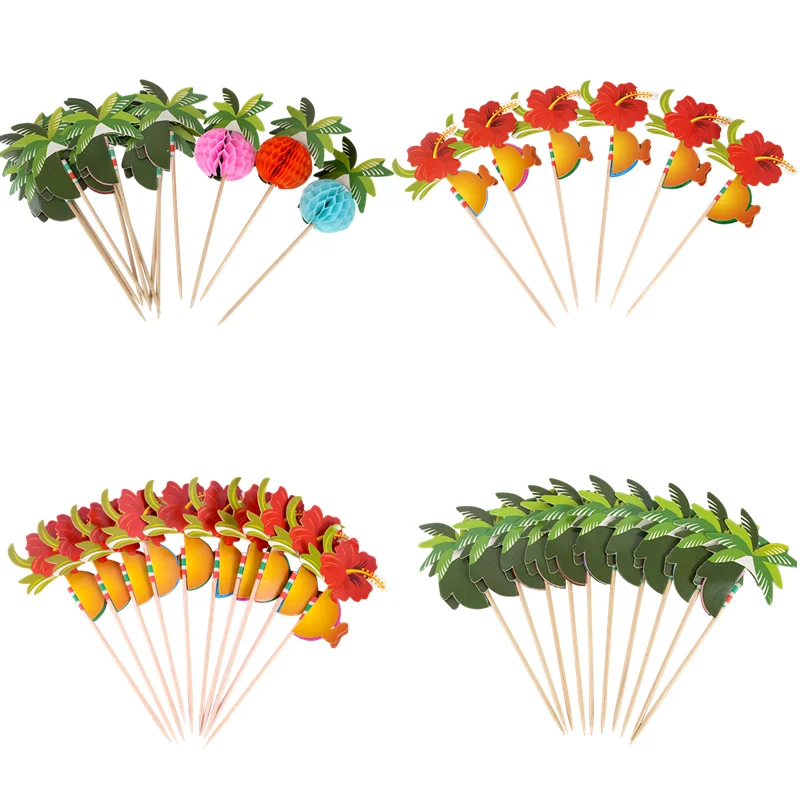 

50pcs Hawaiian Cocktail Picks Food Stick Bamboo Toothpick Palm Tree Cupcake Topper For Tropical Summer Birthday Party Decoration