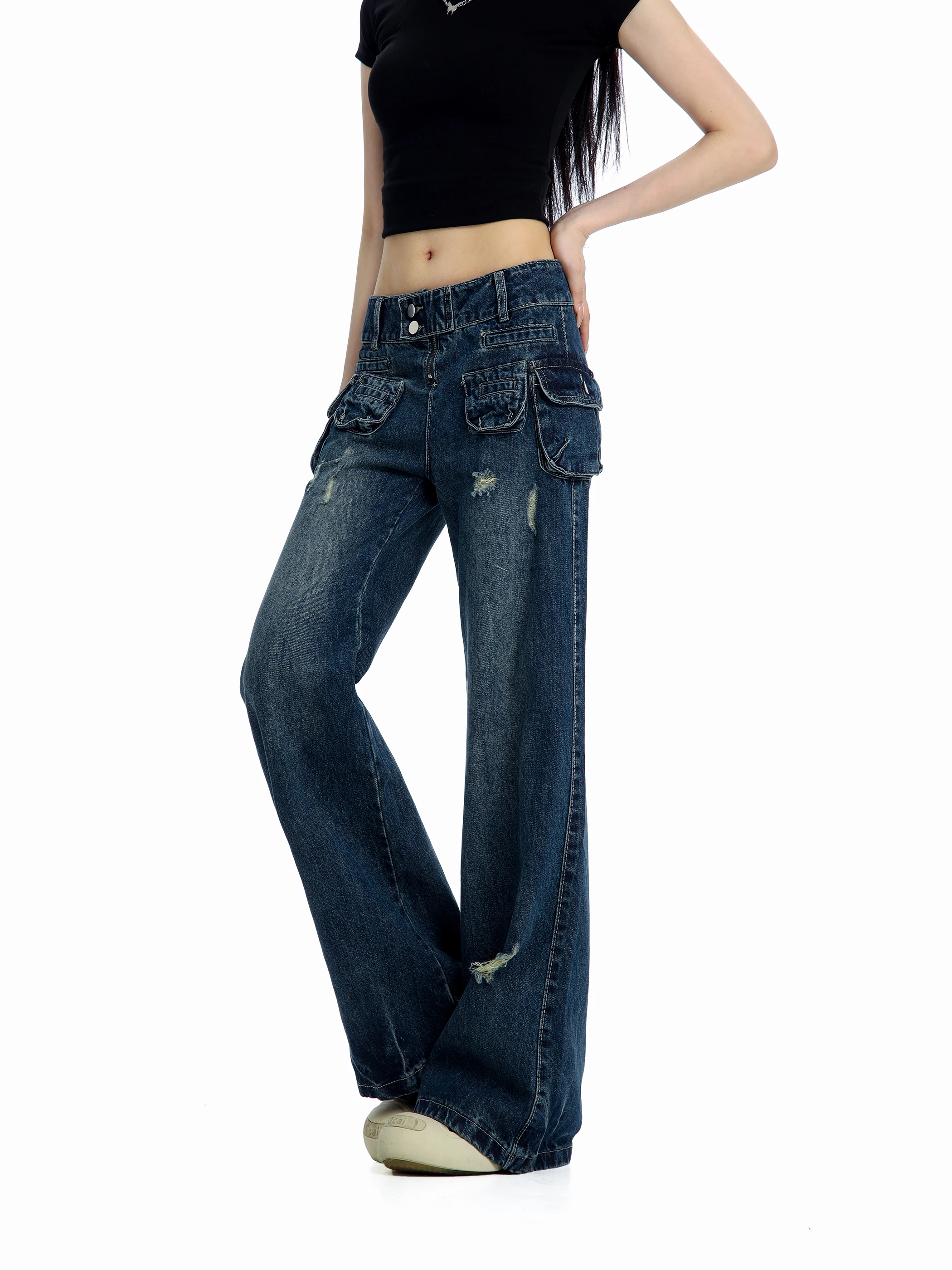 

Retro Style C Beer Captain Summer American Multi-Pocket Ripped Denim Jeans Women High Street Faded Wide Leg Pants