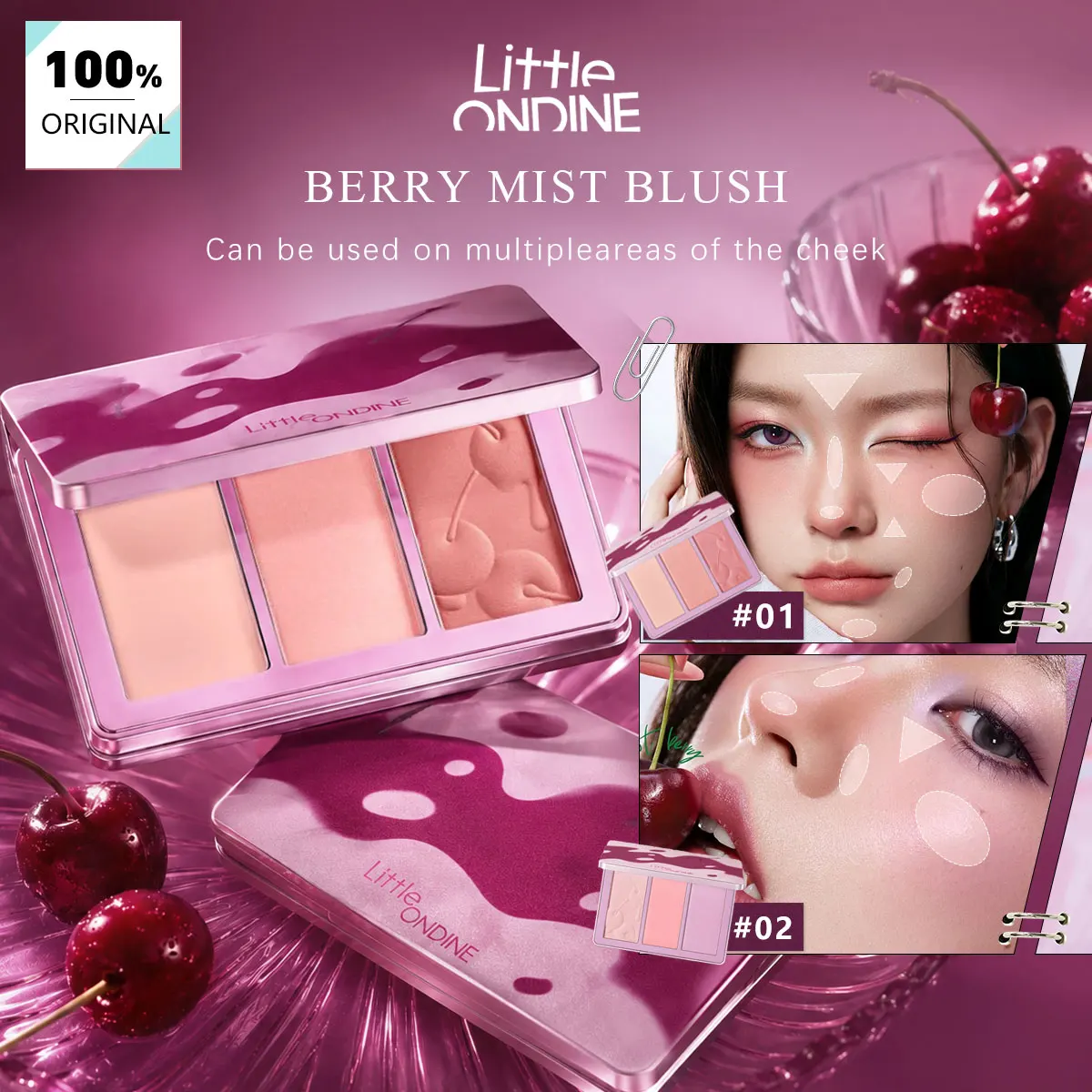 Little Ondine Berry Mist Blush,Low-Saturation Shades,Seamless Blending,Fine-Milled Powder,Healthy Flush Effect,Lightweight