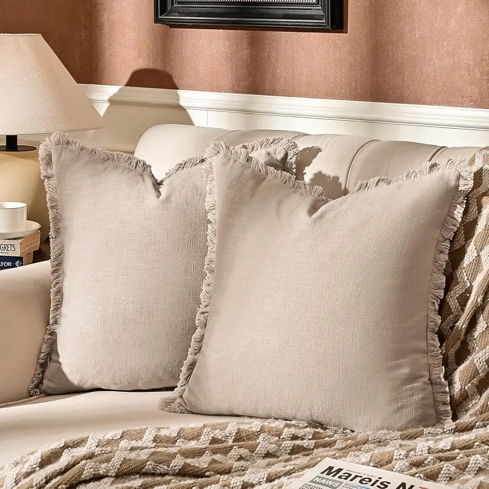 

Pa Of 2 Linen Pillow Covers With Tassels Fringed Decorative Rustic Natural Throw Pillowcase Cushion For Couch Sofa Bedroom 22 X
