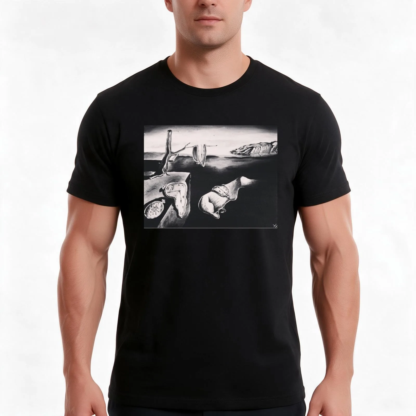 salvador dalì's 'the persistence of memory' in greyscale T-Shirt Summer Casual Cotton Tee Oversized Streetwear Tops