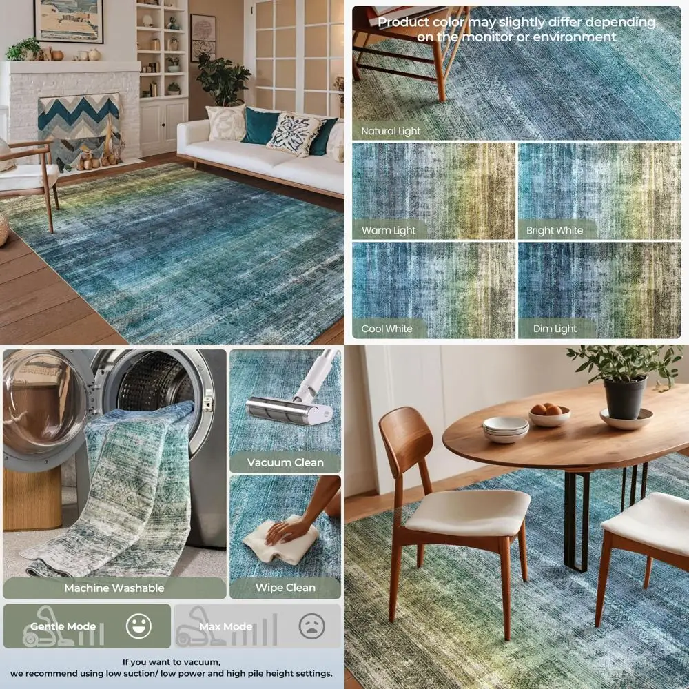 

Kokia Abstract Area Rugs 8x10 for Bedroom and Living Room, Soft Vintage Blue Carpet with Washable and Non-Slip Backing