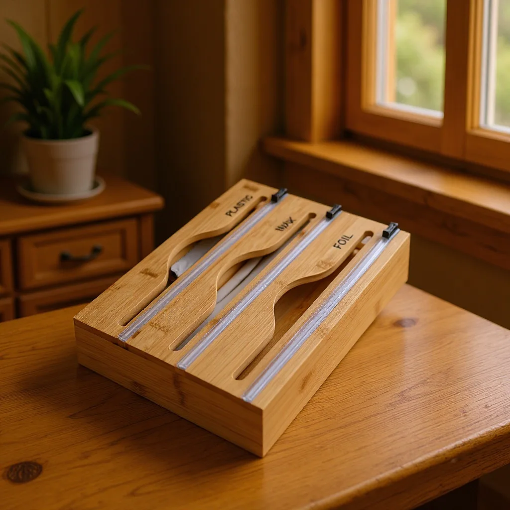 

Bamboo Wall-Mounted 3-in-1 Kitchen Storage Box – Foil & Plastic Wrap Cutter Organizer for Home