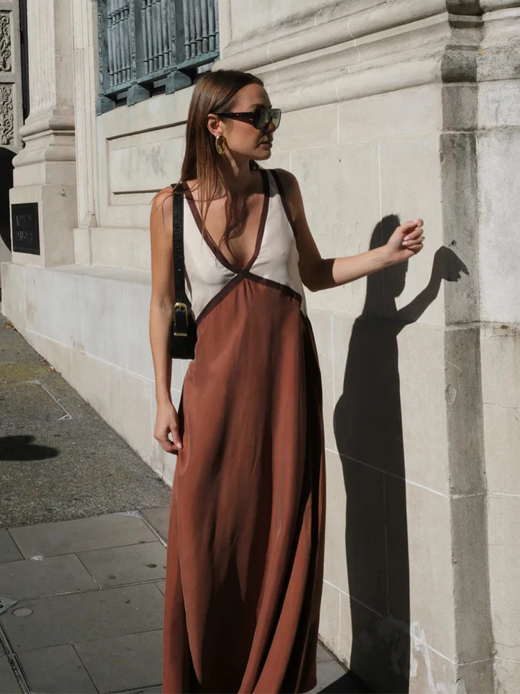 

Color-block Patchwork Maxi Dress Women Summer Fashion V Neck Backles Sexy Robes Loose Sling Beach Club Party Long Dress 2025