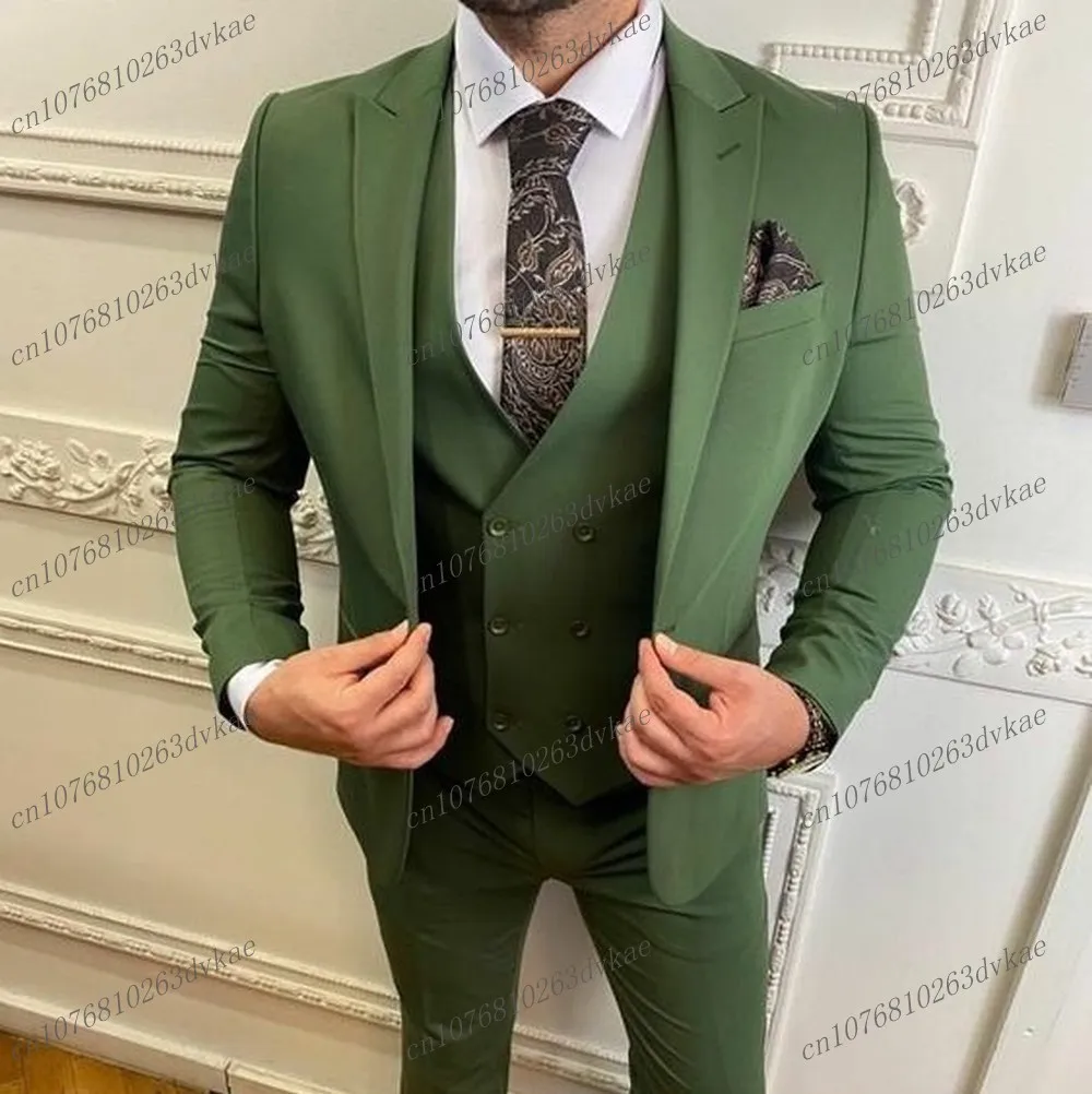 

New Formal Occasion Green Business Men Suit Groom Groomsman Wedding Party Prom Male Tuxedos 3 Piece Set Blazer Vest Pants