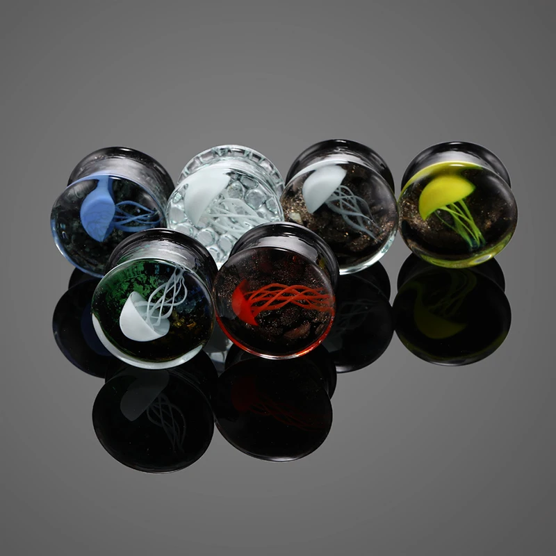 2pcs Color Ocean Jellyfish Glass Ear Plugs and Tunnel Dual Horn Earbuds Tunnel Extender Stretch Expander Earring Piercing Oreja