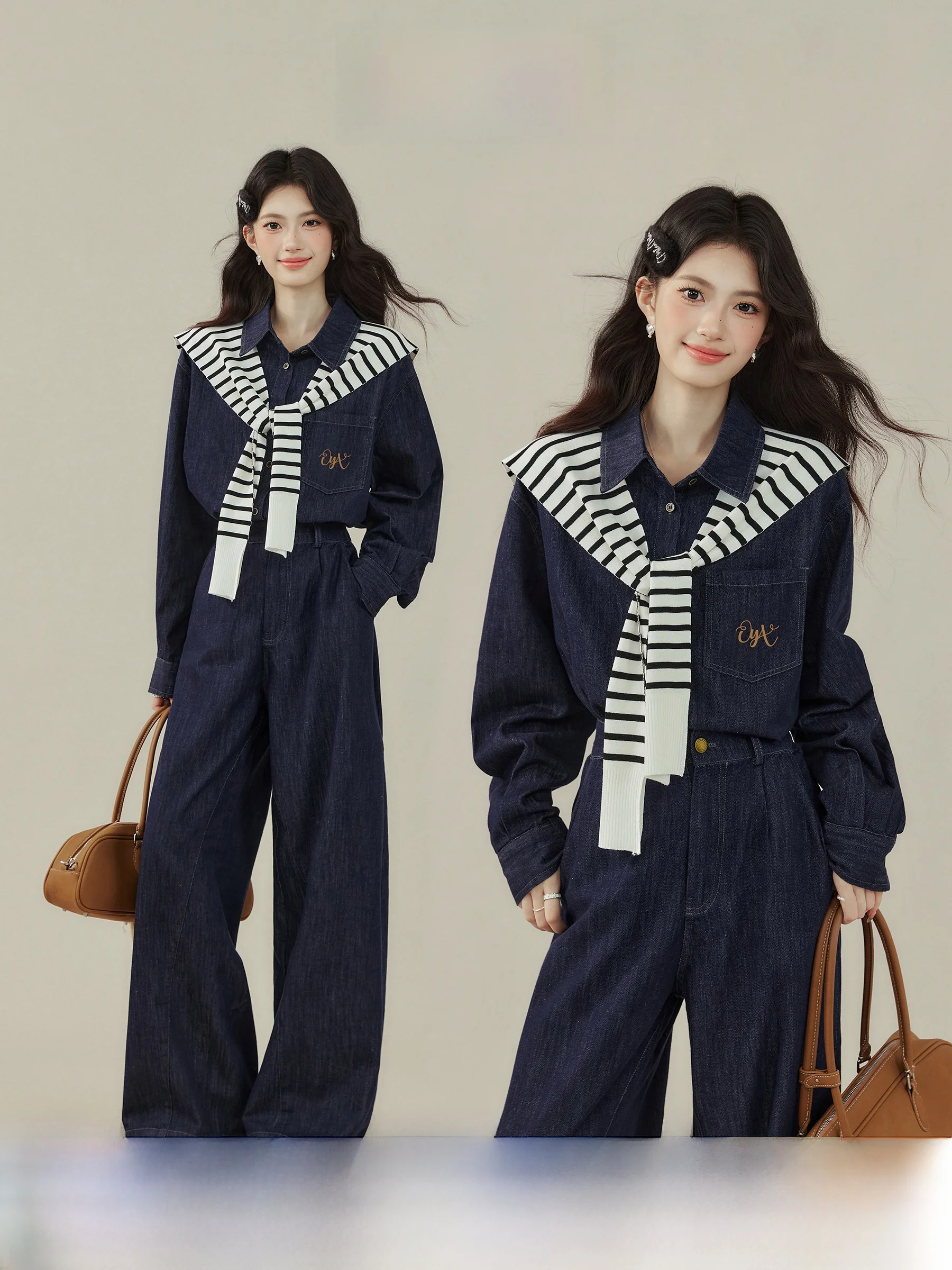 

Early Autumn Women's Denim Set Tee-Piece Suit Casual Sle Faion Ensemble by Yang Ou Xi California Travel Diary Collection