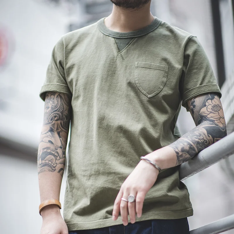 

Maden Summer New Solid Male T-shirt 100% Cotton Retro Army Green Simple Round Collars Pocket Short Sleeves Amekaji Men