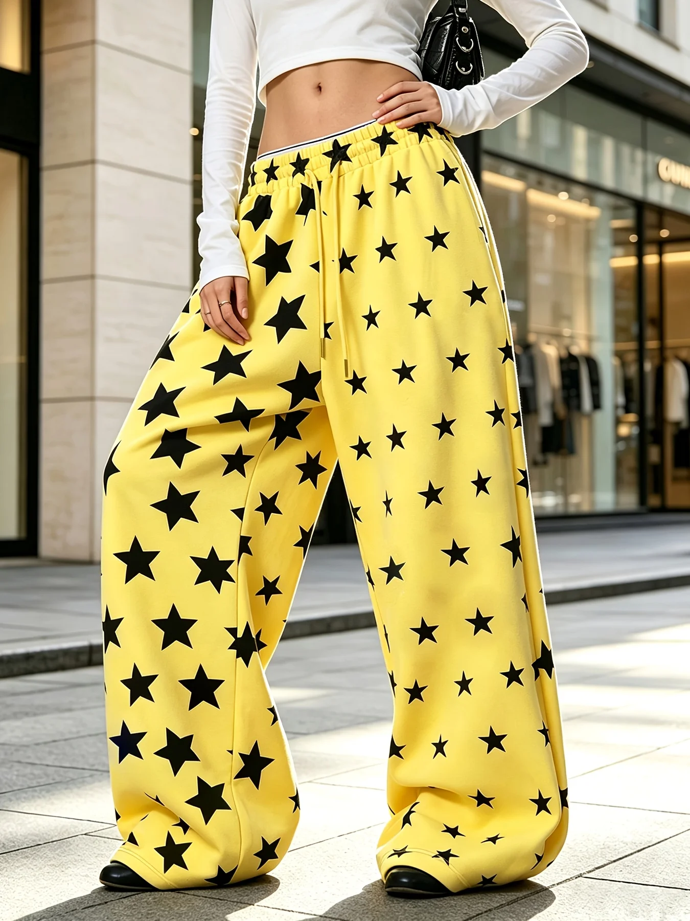 Y2K Ladies Low Rise Wide Leg Sports Pants Star Graphic Full Print Side Contrast Stripes Elastic Waist Casual Trousers