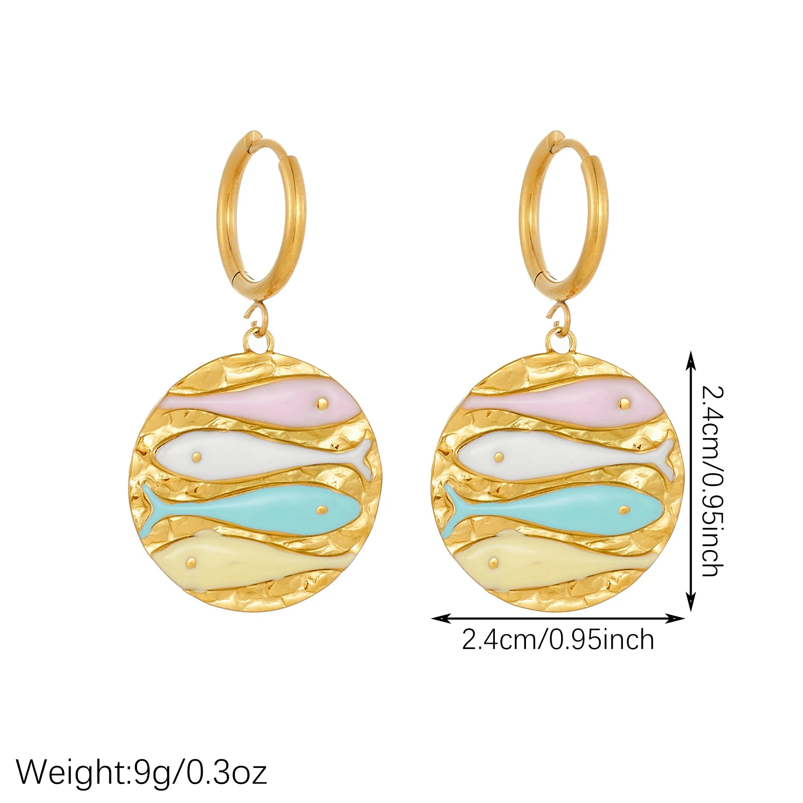 Stainless Steel Golden Hammered Round Multi Color Enamel Fish Dangle Hoop Earrings Lady Ocean Animal Drop Earrings