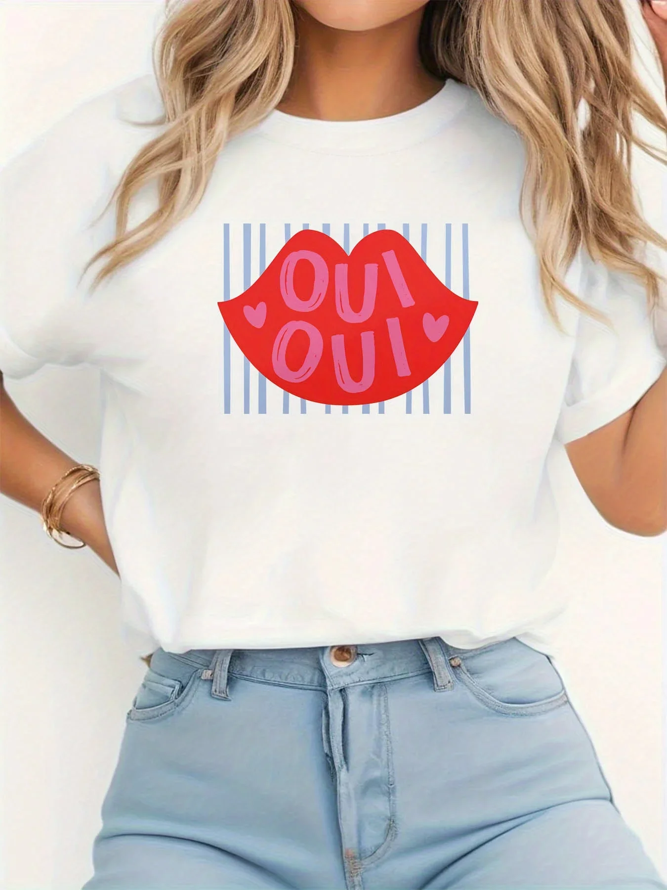

White Cartoon Print Lightweight Polyester for Spring Women'S Graphic Casual Crew Neck Sleeve Top Red Streetwear Short Sleeves