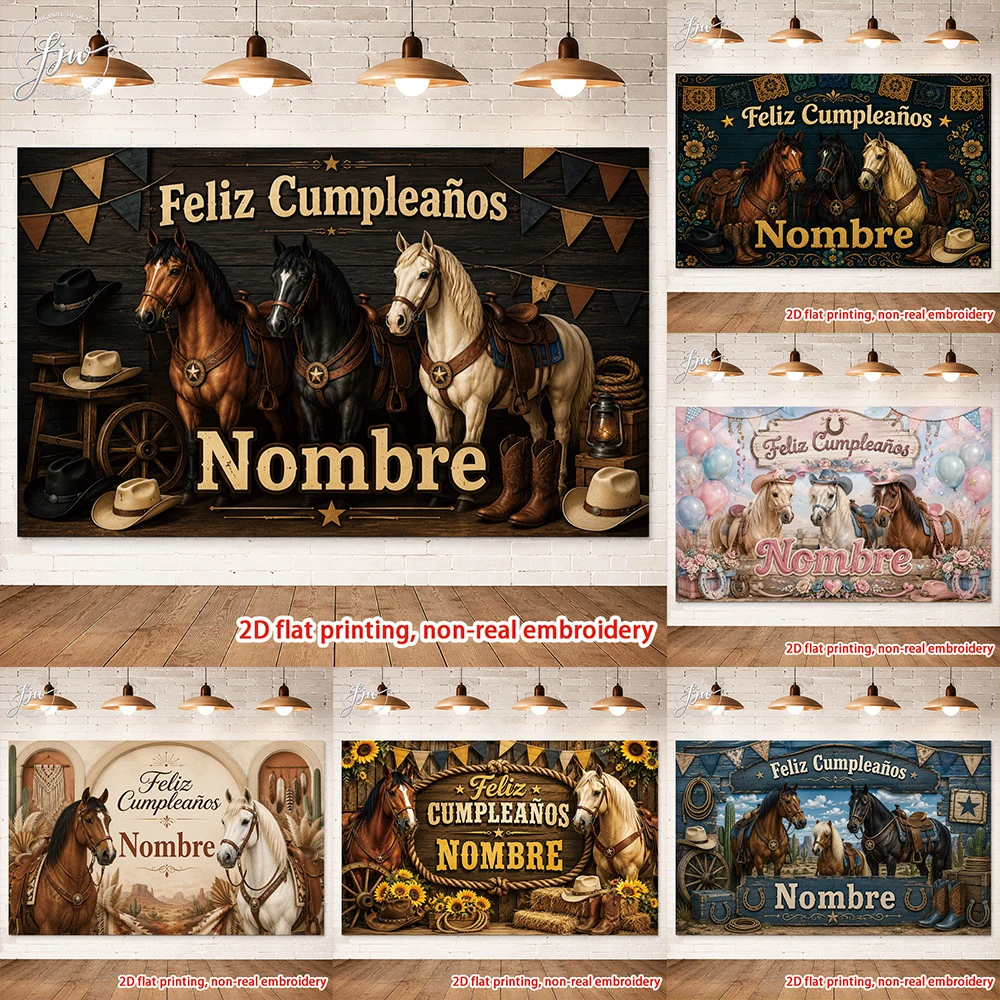 1pcs Rodeo  Horse Happy Birthday Custom Name Banner Tapestry for Cowboy Themed Party Decor