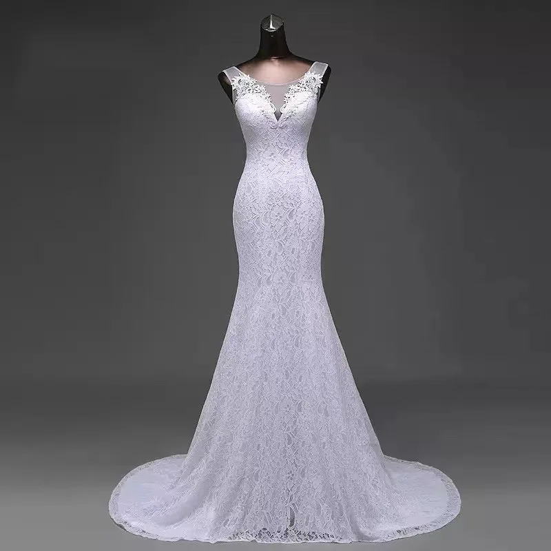 

Summer high-end sexy fishtail V-neck sleeveless lace embroidered backless wedding dress.(010)