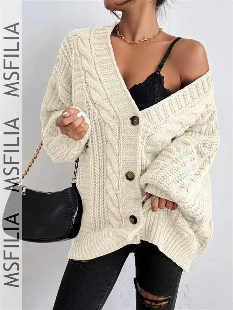 Msfilia Women's Fall/Winter Solid Color Cable Knit V-Neck Cardigan, Balloon Sleeve Loose Single Breasted Sweater Coat