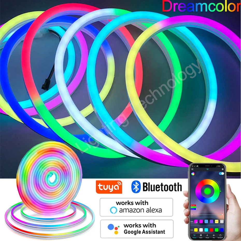 12V LED Neon Strip Light Dreamcolor RGBIC Soft Flexible LED Strip Waterproof Dimmable RGB Chasing Tape Remote/Bluetooth/WiFi