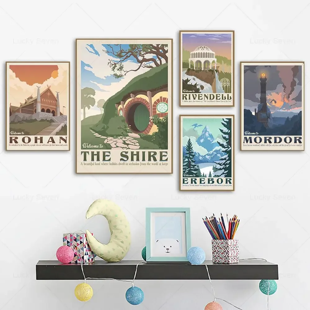 (No frame)Retro Travel Abstract Canvas Painting Ring Art Poster Vintage Film Mordor Castle Lord Magic Picture Kid Bed Room Ho