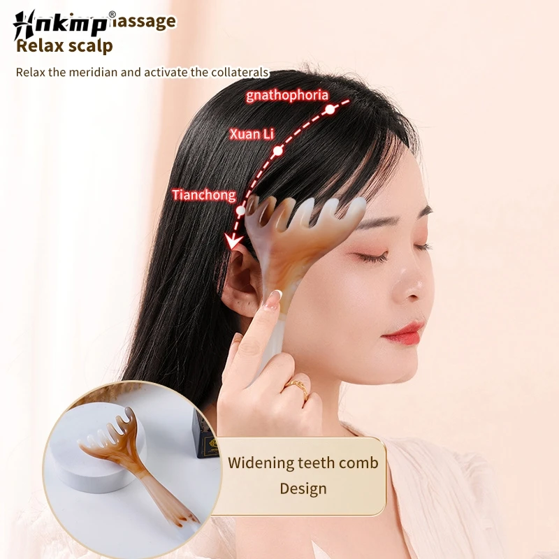 

Resin Antler Wide Tooth Long Handle Comb Meridian Massage Anti-static Head Six Claw Massager Promote Blood Circulation