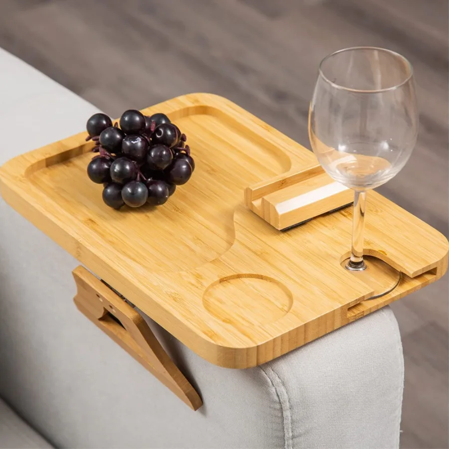 

Non-Slip Wooden Sofa Tray with Rotating Phone Holder and Foldable Armrest Table for Wine Glasses Drinks Fruits, 1Pcs