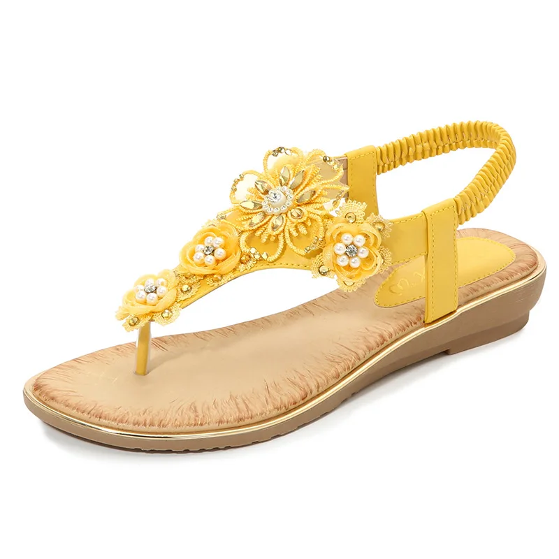 Plus Size Shoes for Women 36-45 Summer Elegant Women Sandals Rhinestone Floral Beach Boho Style Shoes Flip Flops Sandalias