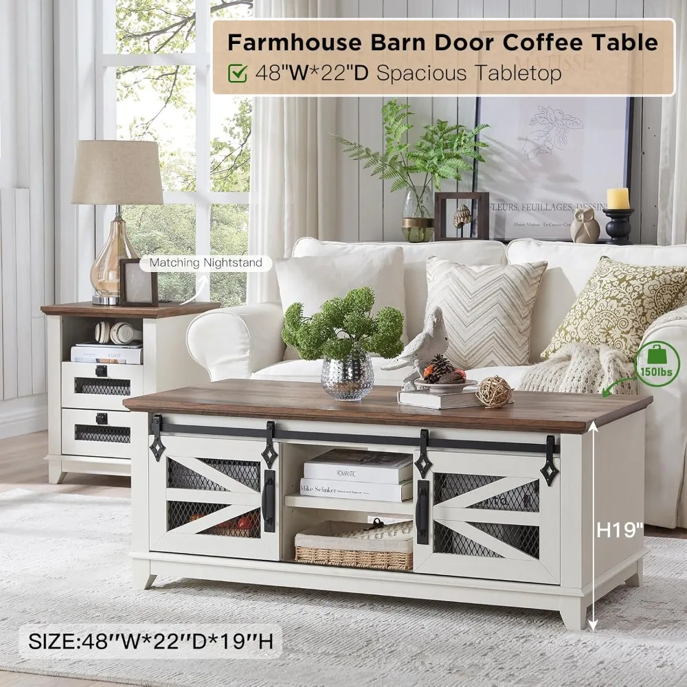 48'' Coffee Table with Storage & Sliding Barn Doors, Farmhouse & Industrial Cocktail Table w/Adjustable Shelves