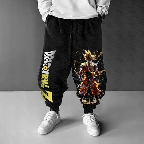 悟空プリントメンズハーレムパンツ綿ストレッチウエストストリートウェア黒カジュアルパンツ新しいルーズローライズ男性ファッションズボン